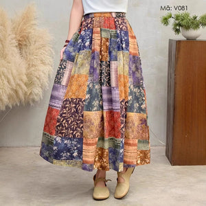 Chân váy linen lưng thun chắp vá hoa văn retro - V081