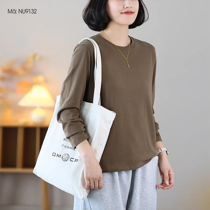 Áo T-shirt dài tay cổ tròn tròn đơn một màu - NU9132