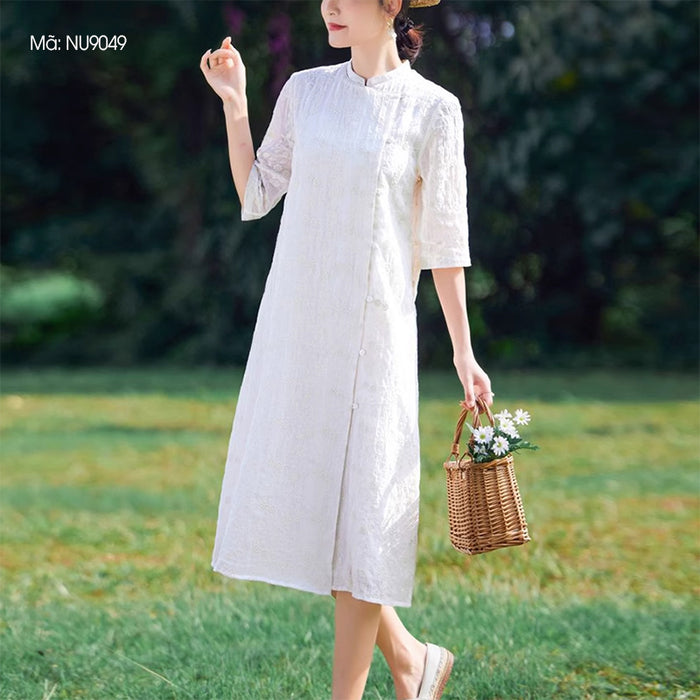 Đầm liền linen retro ngắn tay cổ đứng thêu hoa văn vạt lệch - NU9049