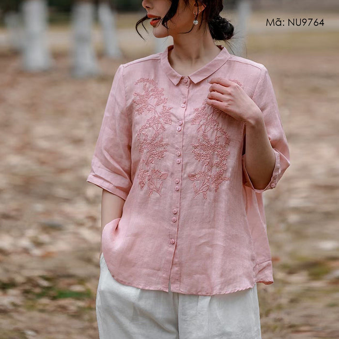 Áo sơ mi linen ngắn cổ pipi thêu nhành hoa - NU9764