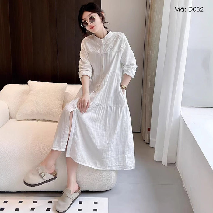 Đầm liền linen dài tay cổ đứng thêu hoa kiểu sơ mi - D032