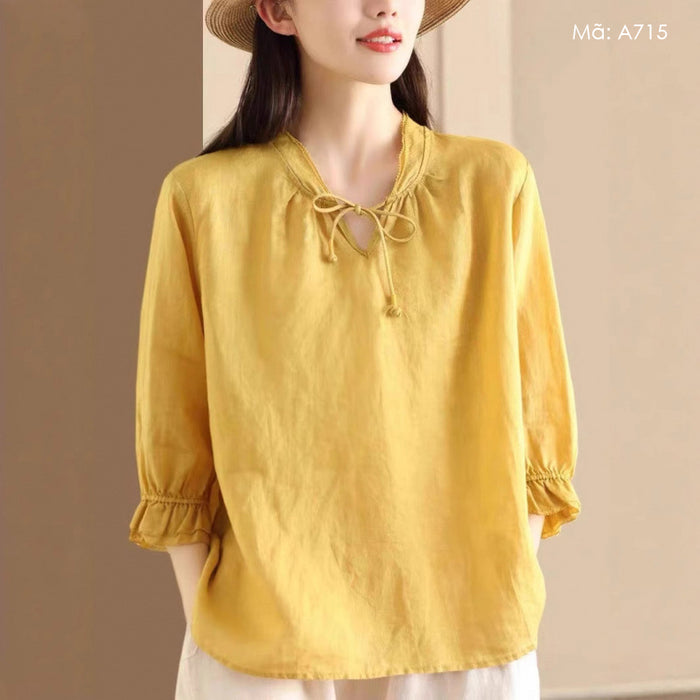 Áo sơ mi linen tay lửng cổ V cột dây - A715