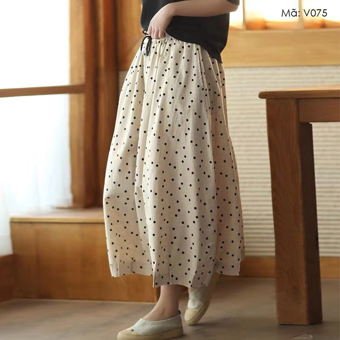 Chân váy linen chấm bi lưng thun dây rút - V075