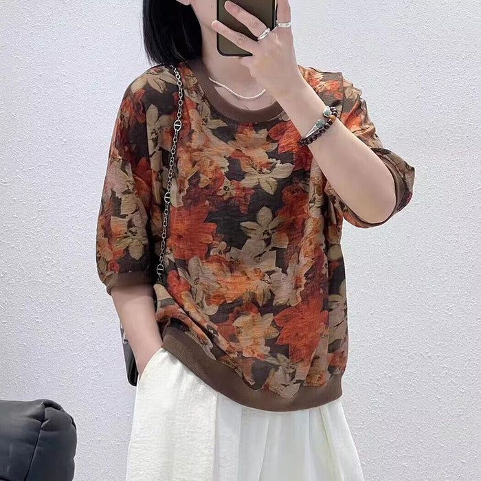 Áo T-shirt linen ngắn tay cổ màu in hoa lá - NU9964