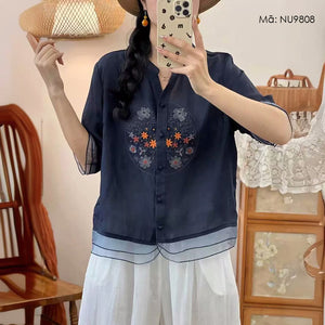 Áo sơ mi organza ngắn tay cổ V thêu hoa lá - NU9808