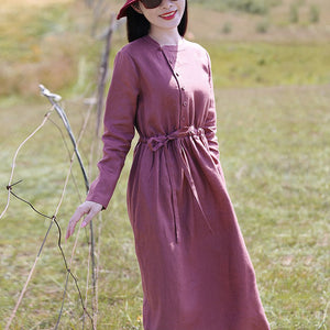 Đầm liền linen dài tay cổ tròn khuy cài lệch - NU9562