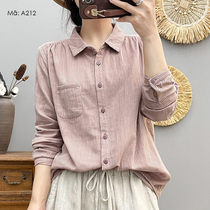Áo sơ mi dài tay cổ đức kẻ sọc một túi vuông - A212