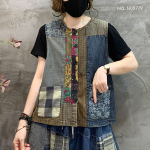 Áo khoác denim gile sát nách hoa văn retro chắp vá - NU9779