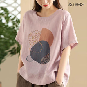 Áo T-shirt linen ngắn tay cổ tròn in hình học form rộng - NU10504