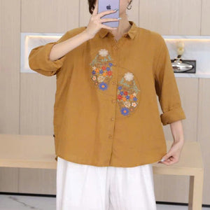 Áo sơ mi dài tay cổ đức thêu trang trí hình tròn lệch - A260
