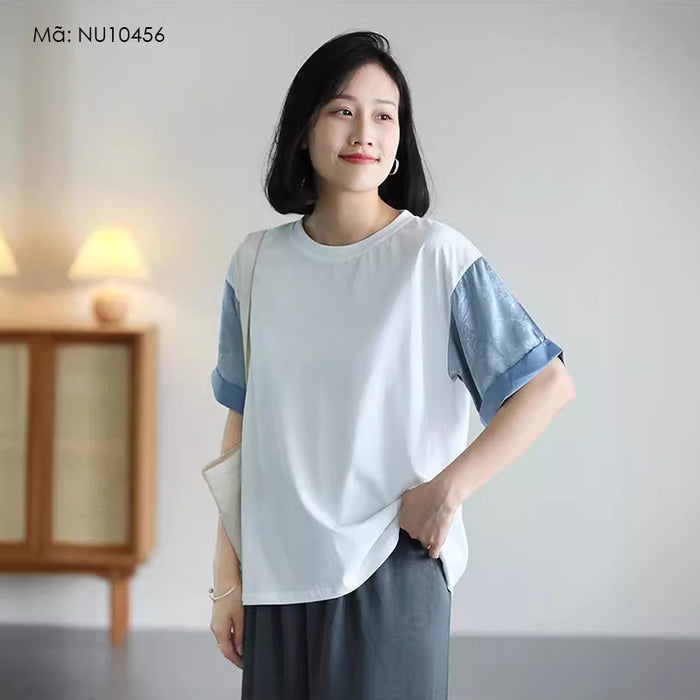 Áo T-shirt ngắn tay phối lệch màu cổ tròn - NU10456