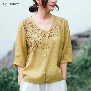 Áo sơ mi linen ngắn cổ V thêu những ngôi sao - NU9807