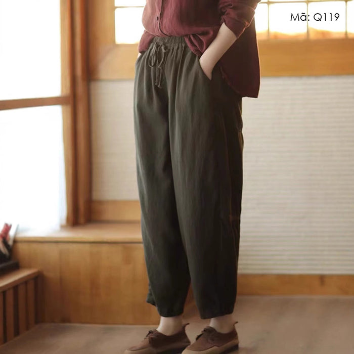 Quần baggy linen lưng thun dây rút ống côn đơn sắc - Q119
