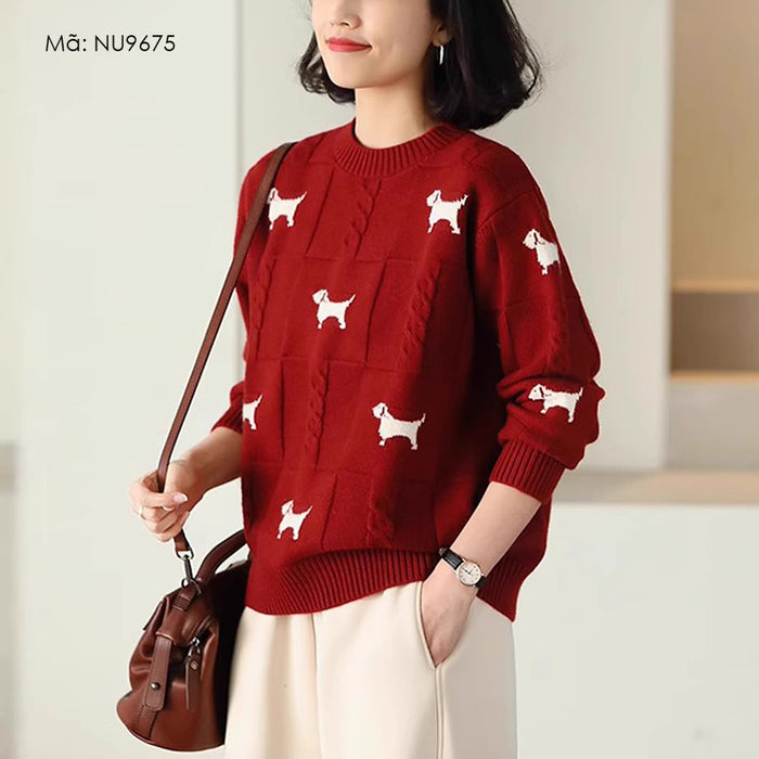 Áo len dài tay cổ tròn in những chú chó - NU9675