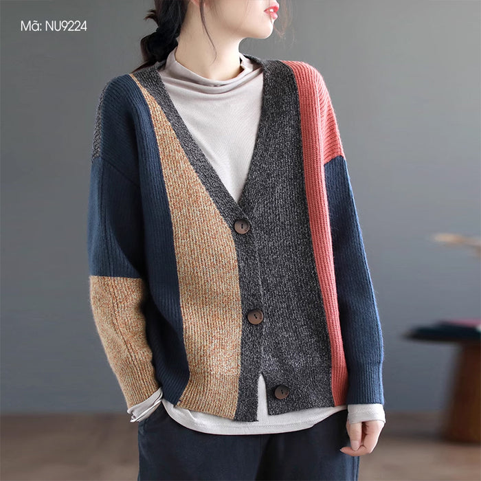 Áo khoác len cardigan dài tay cổ V những mảng màu - NU9224