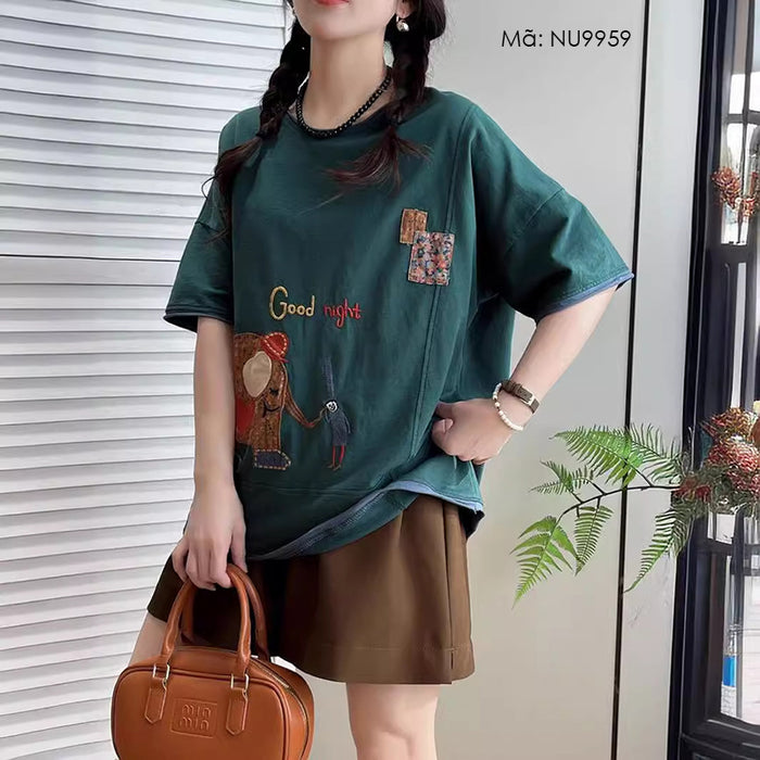 Áo T-shirt ngắn tay thêu chú voi và anh hề cổ tròn - NU9959