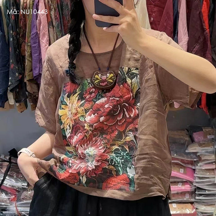 Áo T-shirt linen ngắn tay cổ tròn in hoa lá vạt xẻ - NU10443