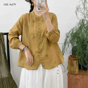 Áo sơ mi linen dài tay cổ tròn thêu hoa lá vạt bo tròn - A679