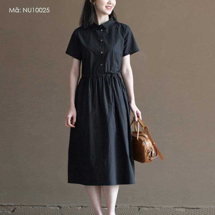 Đầm liền linen ngắn tay cổ đức chấm bi - NU10025