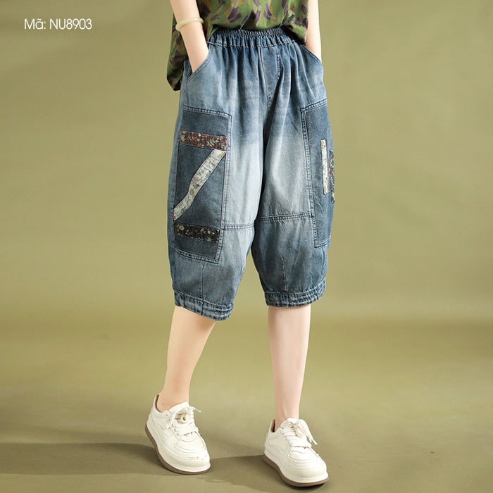 Quần baggy lửng denim lưng thun chần chữ Z - NU8903