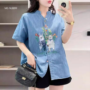 Áo sơ mi denim ngắn tay cổ đứng in hoạt hình - NU8899