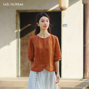 Áo sơ mi linen ngắn tay cổ tròn vạt bo - NU9844