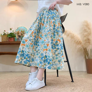 Chân váy linen lưng thun hai túi in hoa lá retro - V080