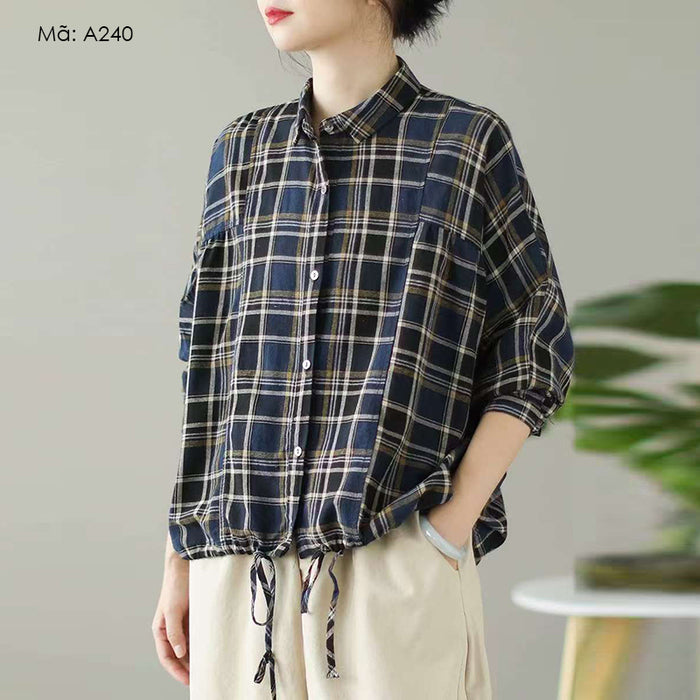 Áo sơ mi dài tay cổ đức kẻ caro vạt dây rút - A240