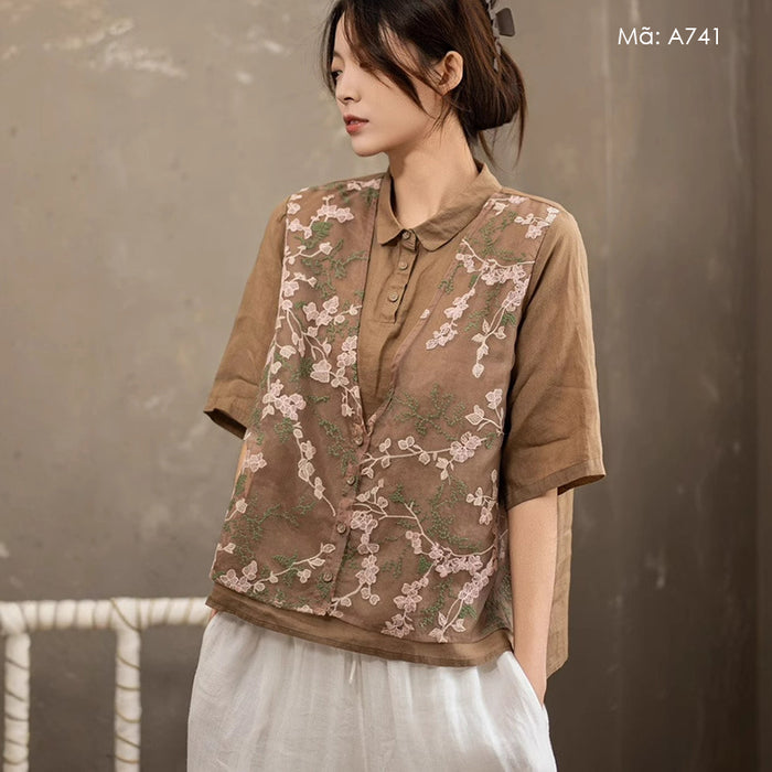 Áo sơ mi linen ngắn tay cổ đức kiểu phối gile - A741