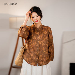Áo sơ mi linen dài tay cổ đứng xếp ly in hoa lá - NU9757