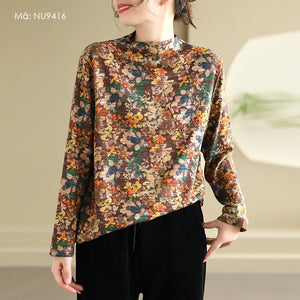Áo T-shirt dài tay dệt kim cổ lọ in hoa lá retro - NU9416