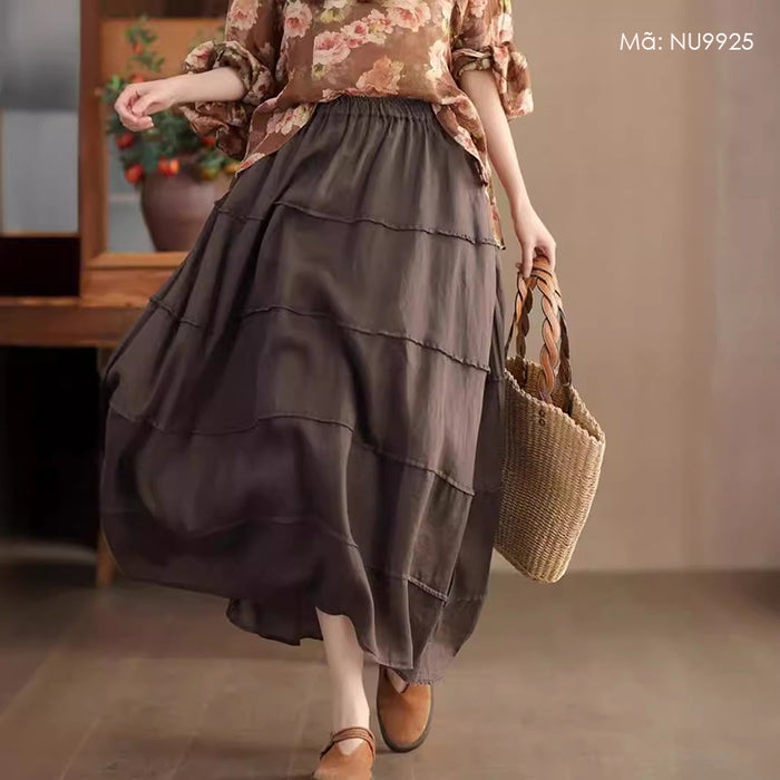 Chân váy linen lưng thun một màu kiểu xếp tầng - NU9925