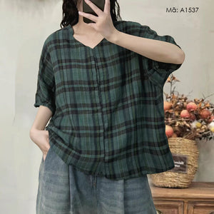Áo sơ mi linen ngắn tay cổ V kẻ caro - A1537