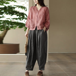 Áo sơ mi linen tay lửng cổ V thêu hoa văn retro - NU9770