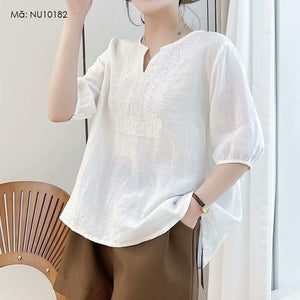 Áo sơ mi linen ngắn tay cổ V thêu hoa văn trừu tượng - NU10181