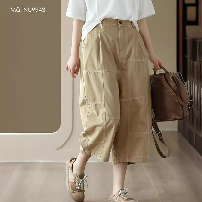 Quần baggy lửng lưng thun khuy cài may ô vuông - NU9943