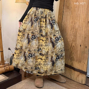 Chân váy linen lưng thun in hoa lá liti retro - V071