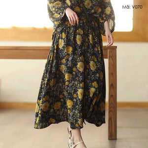 Chân váy linen lưng cao in hoa lá có khuy cài - V070