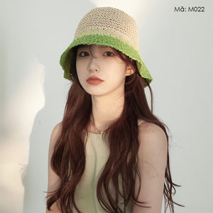 Mũ cói móc tay retro vành rộng phối màu - M022