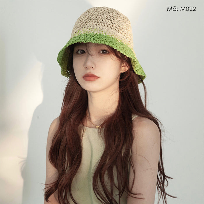 Mũ cói móc tay retro vành rộng phối màu - M022