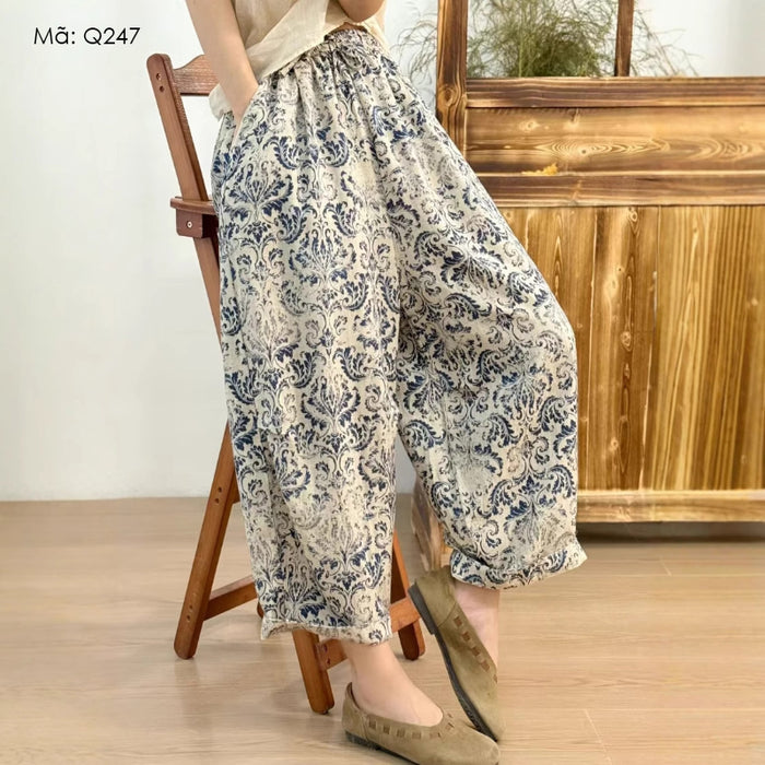 Quần baggy linen lưng thun ống rộng in hoa văn trừu tượng - Q247