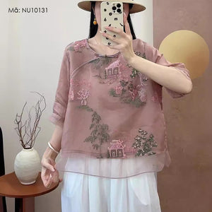 Áo sơ mi linen ngắn tay cổ tàu thêu phong cảnh - NU10131
