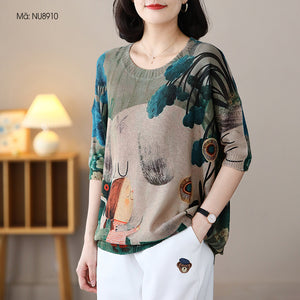 Áo T-shirt dệt kim ngắn tay cổ tròn in cô gái và chú cún - NU8910