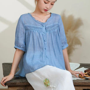 Áo sơ mi linen ngắn tay cổ tròn xếp ly retro - NU10342