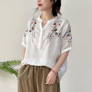 Áo sơ mi linen ngắn tay cổ V thêu hoa lá đối xứng - NU10157