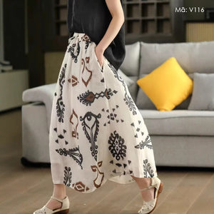 Chân váy linen retro lưng thun dây rút in trừu tượng - V116