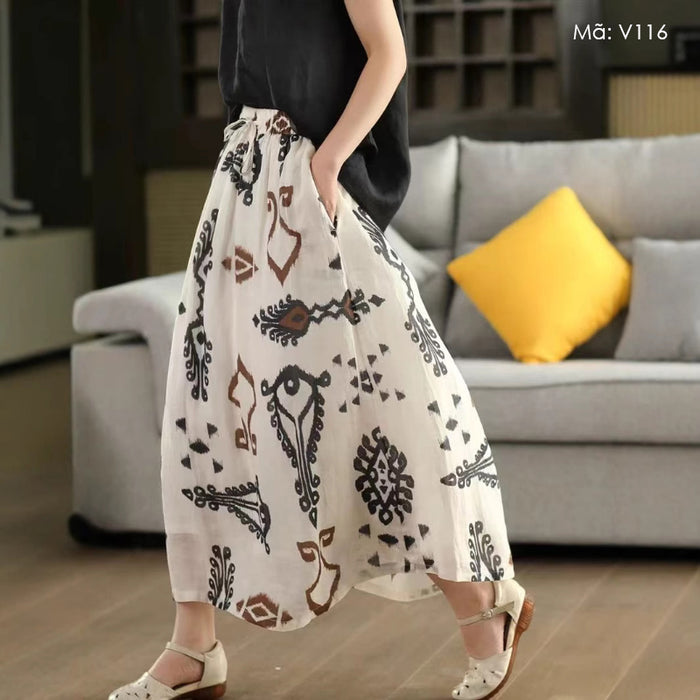 Chân váy linen retro lưng thun dây rút in trừu tượng - V116