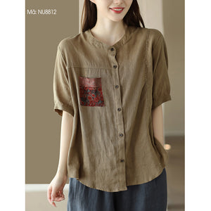 Áo sơ mi linen ngắn tay cổ tròn một túi hoa lá - NU8812