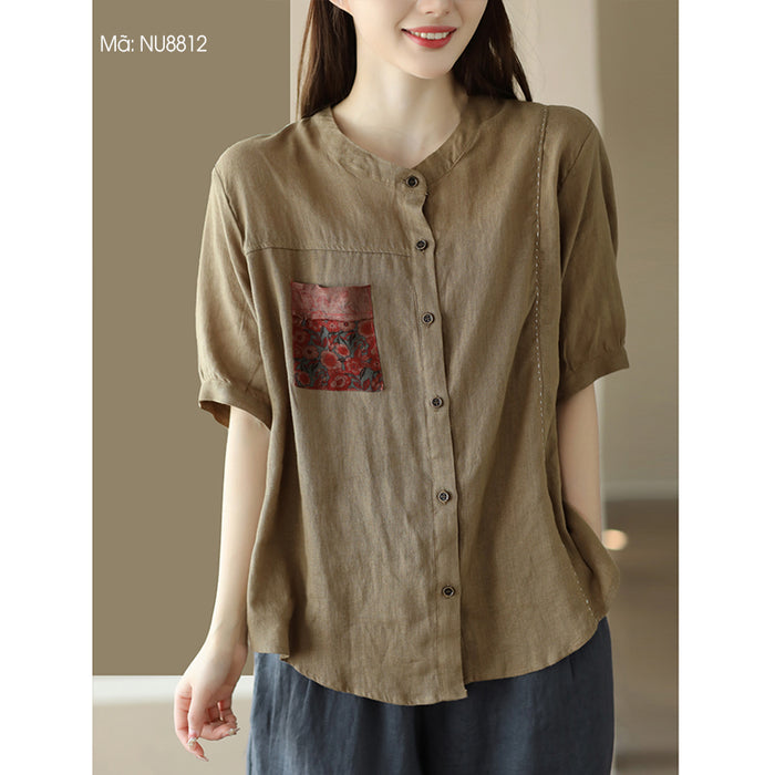 Áo sơ mi linen ngắn tay cổ tròn một túi hoa lá - NU8812