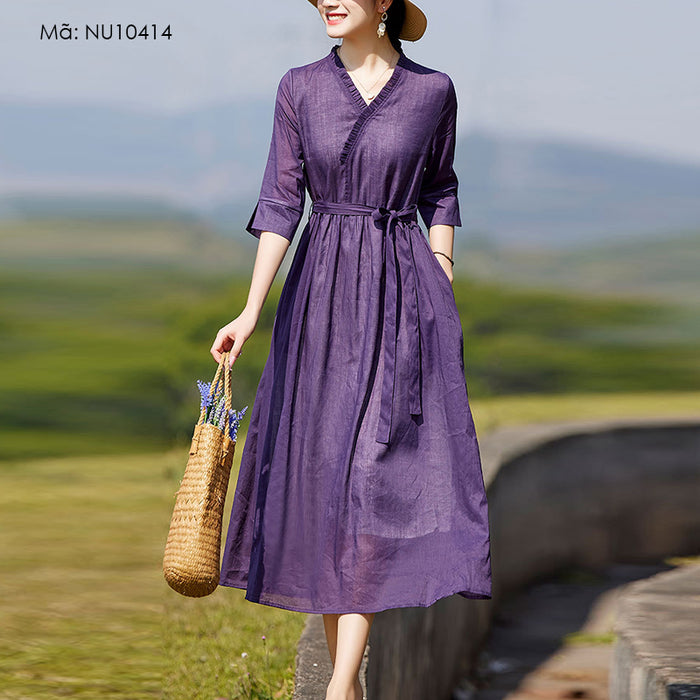Đầm liền linen ngắn tay cổ V xếp ly eo thắt dây - NU10414